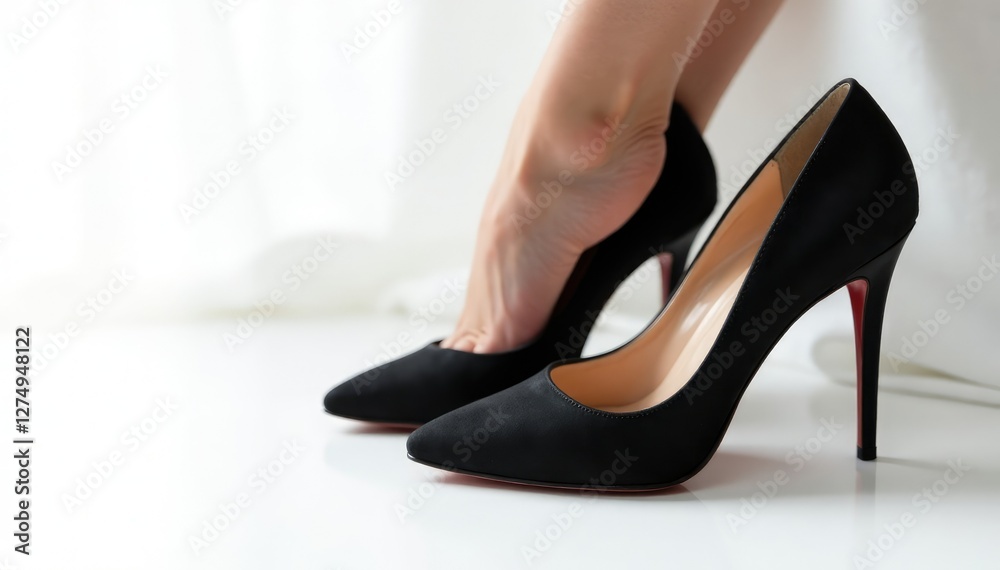 High heel shoes on a white background with elegant details and subtle shine, black, detail