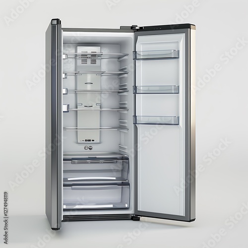Empty refrigerator with opened door isolated on white background
