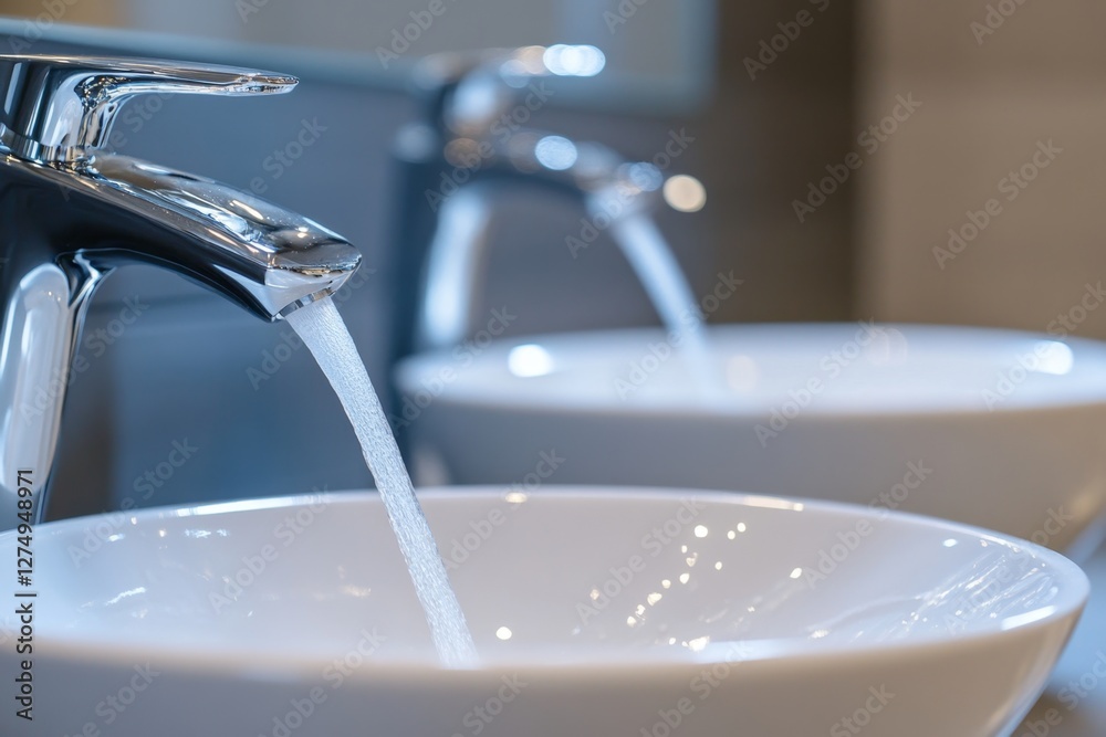 Modern bathroom sink with running water, close-up Modern bathroom sink with running water, close-up
