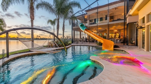 Luxurious Lakeside Pool with Waterslide and Hammock