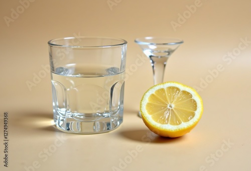 Hydration & Wellness: Refreshing Glass of Water with Lemon Slice & Healing Crystal on Neutral Beige Surface for Healthy Lifestyle & Mindful Living.

 photo