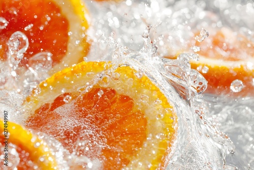 Orange slices splash in water, background sparkling for freshness in advertising
