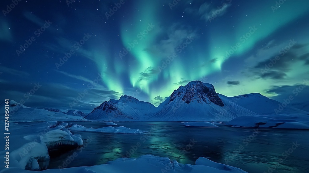 Naklejka premium glowing aurora borealis over snowy arctic landscape