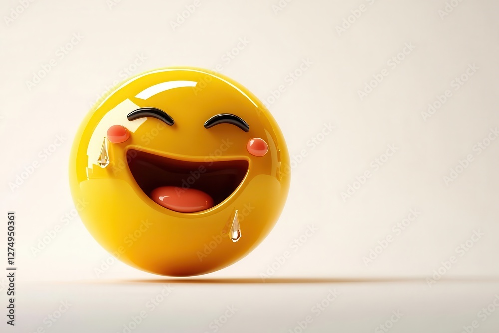 Fototapeta premium vibrant 3d emoji character laughing with joy, glossy yellow surface, crystal tears, dynamic lighting, playful expression on white background