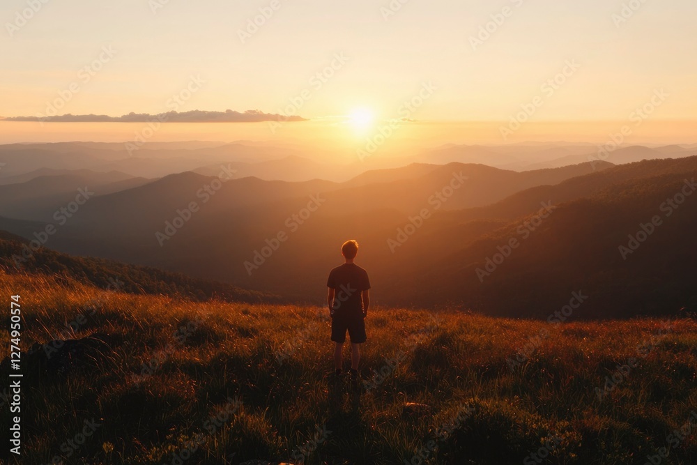Hiker watches sunset on mountaintop. Golden light over mountain range behind Hiker watches sunset on mountaintop. Golden light over mountain range behind