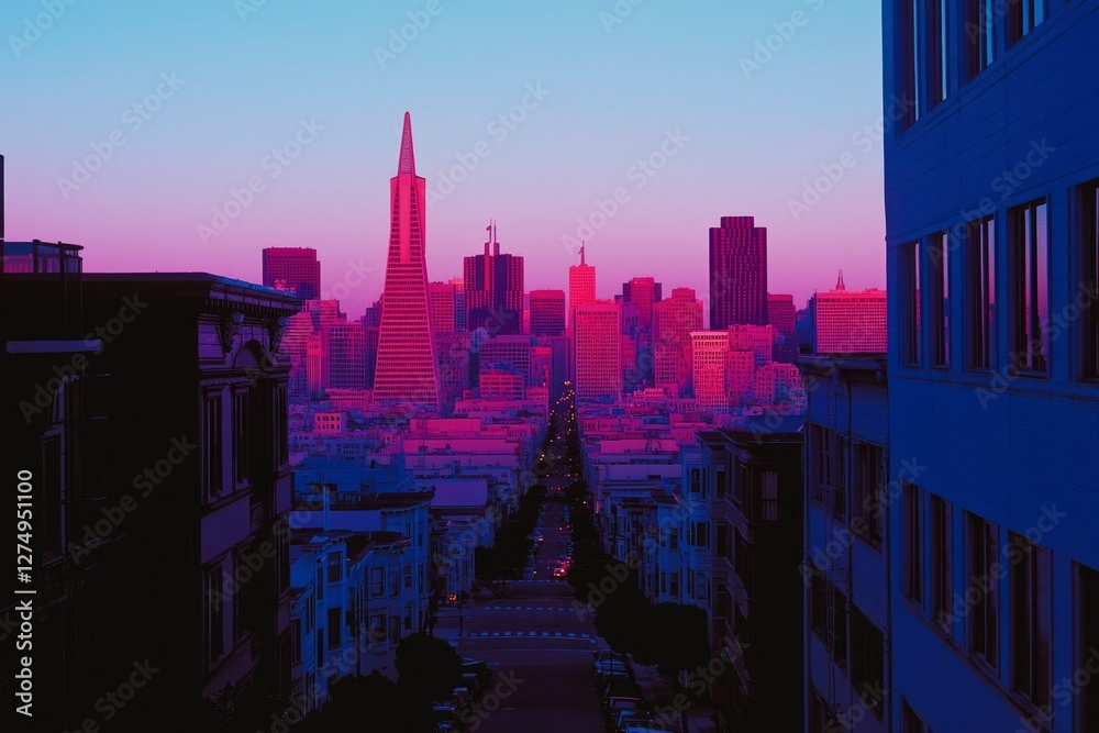 Obraz premium San Francisco Skyline at Dusk, Cityscape View, Colorful Sunset, Urban Scene, Street Level Perspective