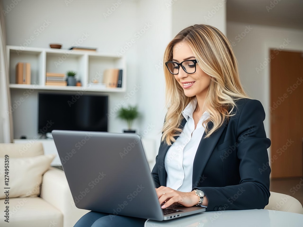 Side view of young female entrepreneur in business attire working on netbook at luxurious apartment, digital technology, stylish, successful career Side view of young female entrepreneur in business attire working on netbook at luxurious apartment, digital technology, stylish, successful career