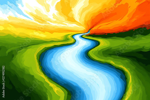 Vibrant abstract landscape with a winding river flowing through lush green fields under a colorful sky