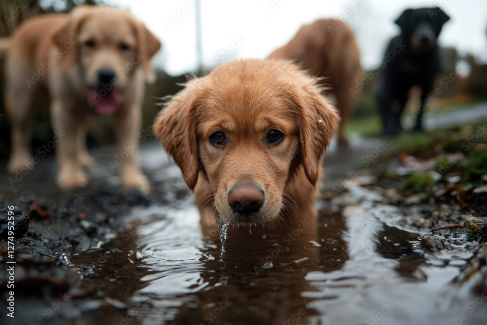 Golden Retrievers playing in puddle, dogs in mud, autumnal park scene, charming moment, pet photos Golden Retrievers playing in puddle, dogs in mud, autumnal park scene, charming moment, pet photos