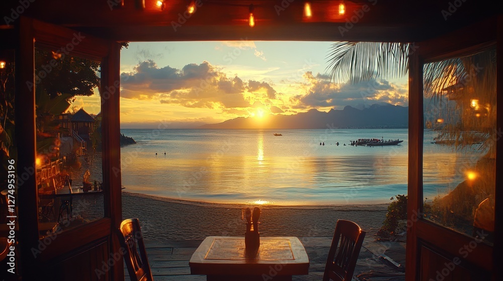 Fototapeta premium Tropical Sunset View From Beachside Restaurant
