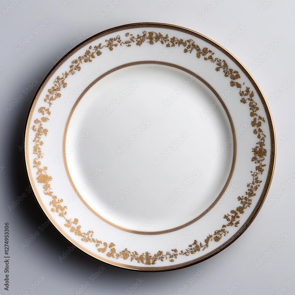 Elegant White Porcelain Plate with Intricate Gold Floral Design on a Minimalistic Gray Background Elegant White Porcelain Plate with Intricate Gold Floral Design on a Minimalistic Gray Background