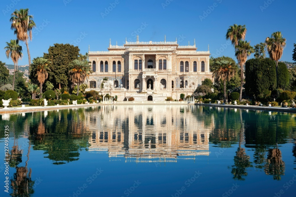 Palace reflected in a pool, with palm trees and blue sky, for tourism purposes Palace reflected in a pool, with palm trees and blue sky, for tourism purposes