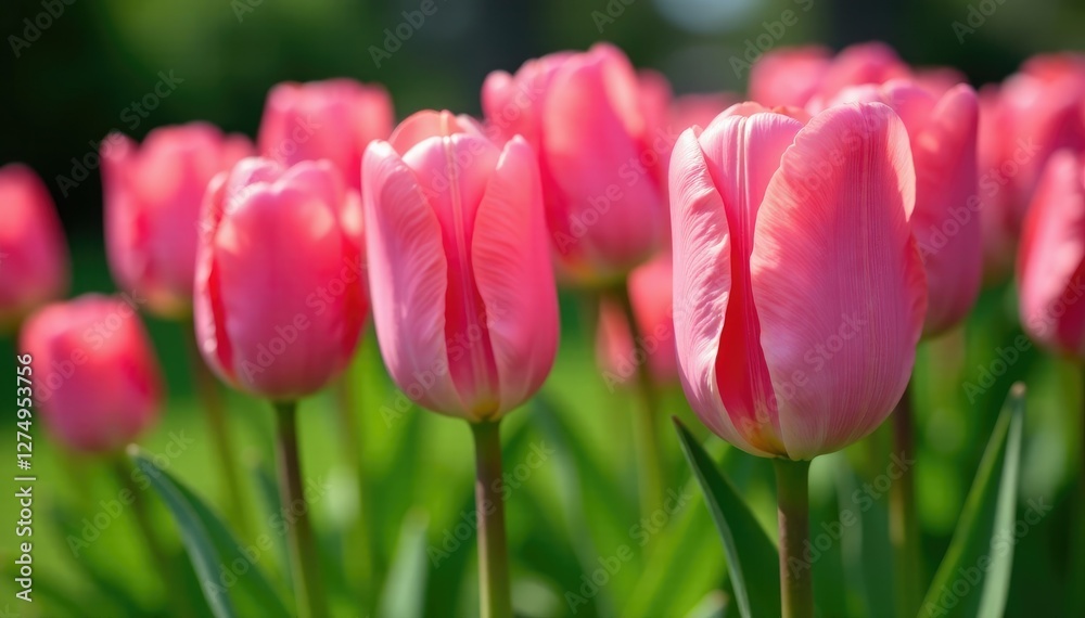 Fototapeta premium Pink tulip blooms in a garden with lush green leaves, flower, botanical, pink tulip