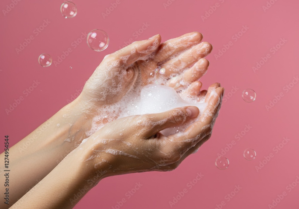 Fototapeta premium Hands holding soap foam, delicate bubbles floating, soft pink background