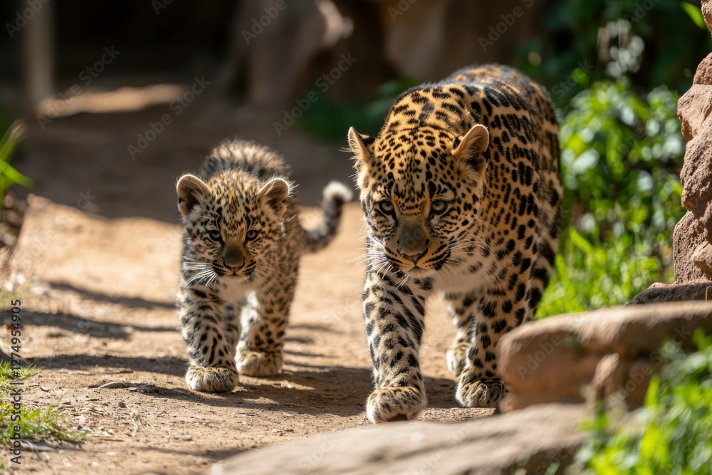 Obraz premium Leopard cubs walking on a path in a zoo enclosure. Possible use Wildlife photography