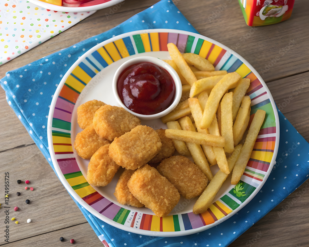 Chicken Nuggets mit Pommes und Ketchup auf buntem Teller Chicken Nuggets mit Pommes und Ketchup auf buntem Teller