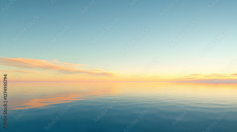 Fototapeta premium Serene sunset over calm ocean waters, pastel sky reflecting on tranquil sea. Perfect for relaxation, meditation, and travel themes.