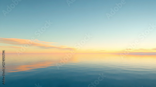 Serene sunset over calm ocean waters, pastel sky reflecting on tranquil sea. Perfect for relaxation, meditation, and travel themes.