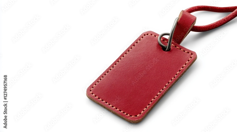 Fototapeta premium Burgundy Leather Identification Badge with Rope Lanyard on White Background for Security Access