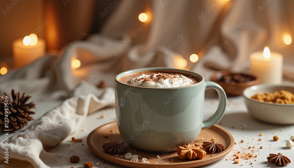 Cup of hot chocolate with whipped cream and cookies on table Cup of hot chocolate with whipped cream and cookies on table