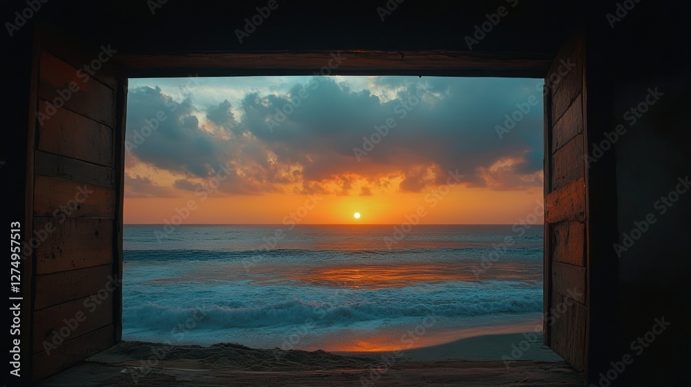 Fototapeta premium Wooden doorway reveals sunset ocean view