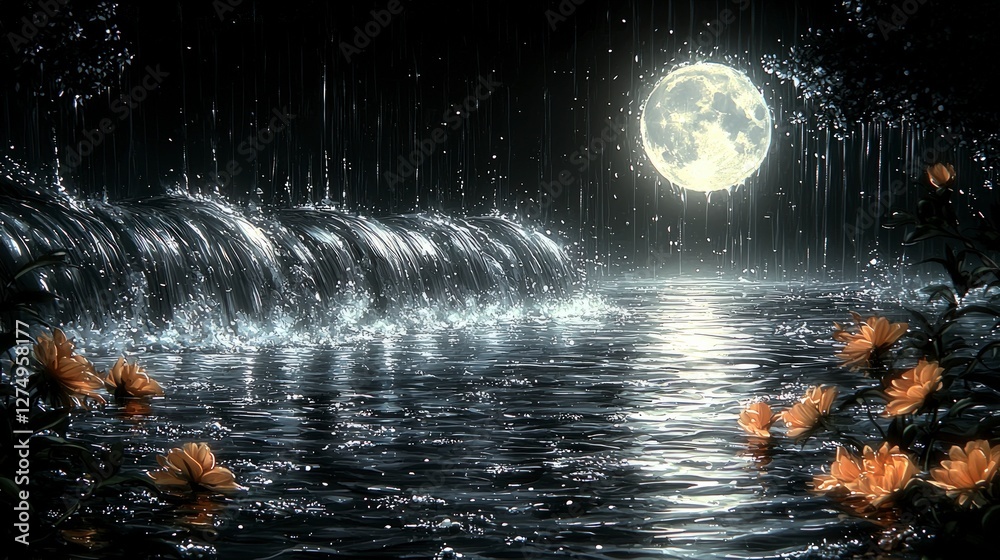 Fototapeta premium Moonlit Waterfall Rain Night Scene Dark Forest Flowers Serenity