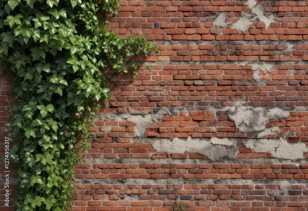 Weathered red brick wall with worn mortar and ivy, landscape, natural stone, rustic Weathered red brick wall with worn mortar and ivy, landscape, natural stone, rustic