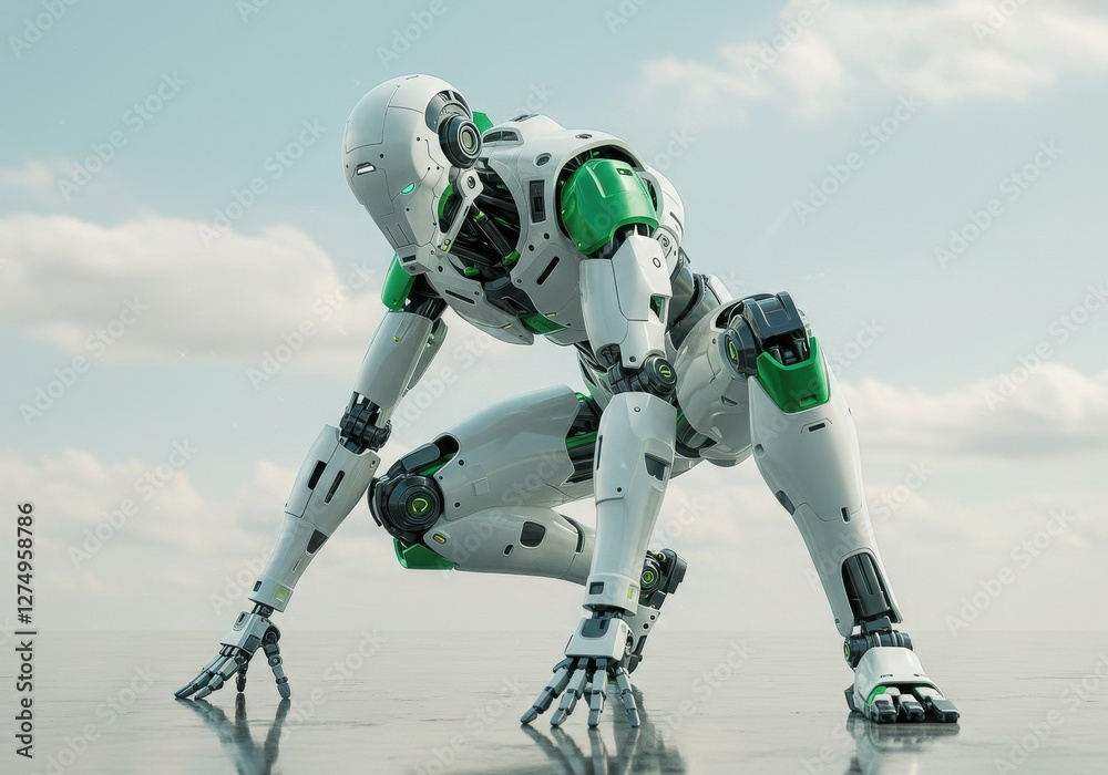 Futuristic robot figure, crouched position, sleek white and green design Futuristic robot figure, crouched position, sleek white and green design