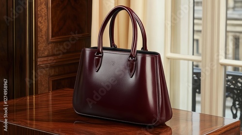 A deep wine-colored leather handbag with structured edges resting on a modern dressing table