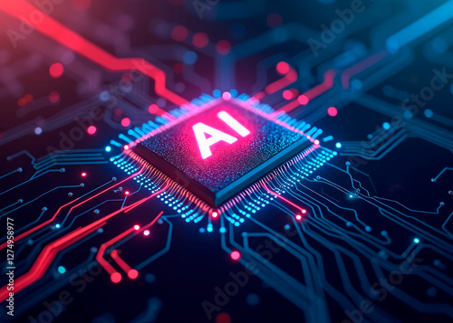 Electronic motherboard with chip AI. Modern processor with AI sign