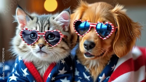 An adorable dog and cat wrapped in an American flag scarf, wearing cool sunglasses, symbolizing patriotic flair for Independence Day, 4th of July.