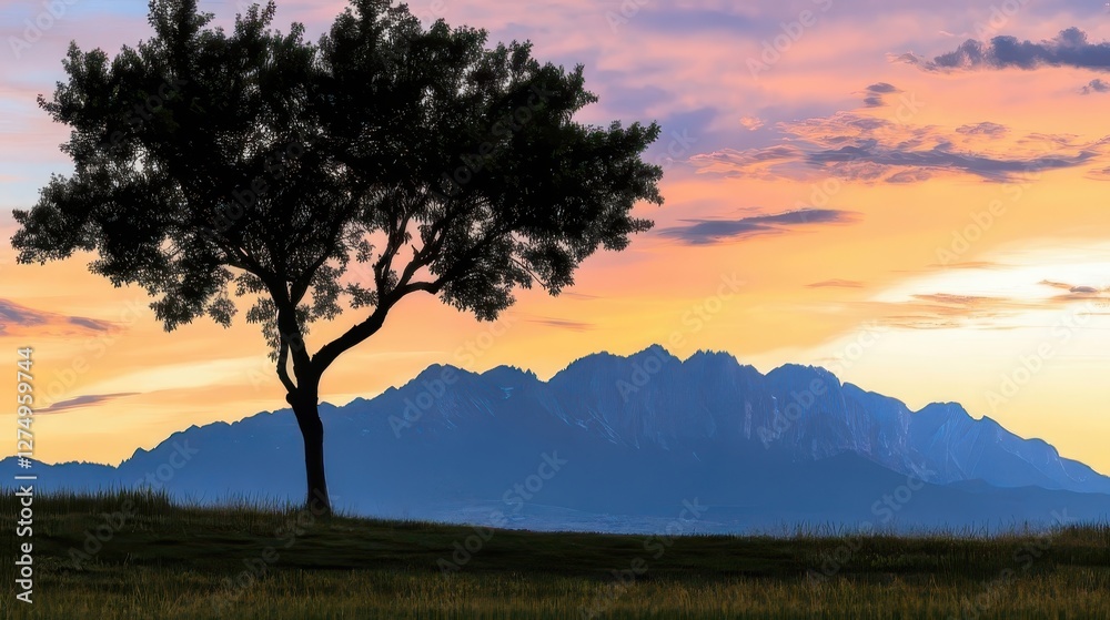 Majestic Sunset Over Mountains Silhouette of Tree With Vibrant Sky and Soft Clouds in Background Majestic Sunset Over Mountains Silhouette of Tree With Vibrant Sky and Soft Clouds in Background