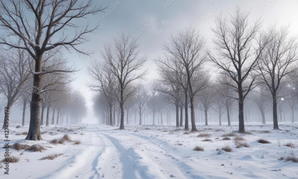 Winter landscape with bare trees and snowfall, frost, frozen, snow Winter landscape with bare trees and snowfall, frost, frozen, snow