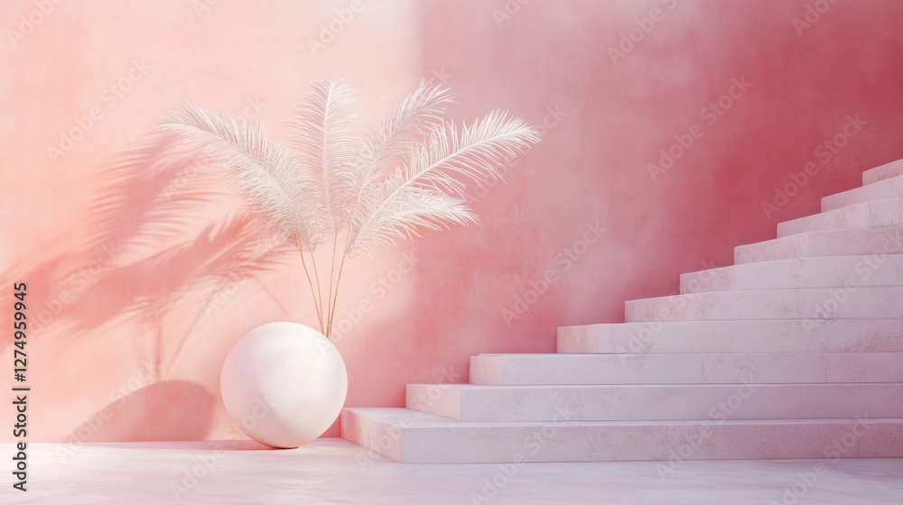 Fototapeta premium Minimalist, pastel pink room with white stairs and plant. Soft lighting creates shadows on the wall.