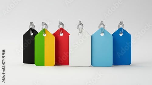 Collection of Colorful Price Tags in Black Yellow Red White and Blue on White Background