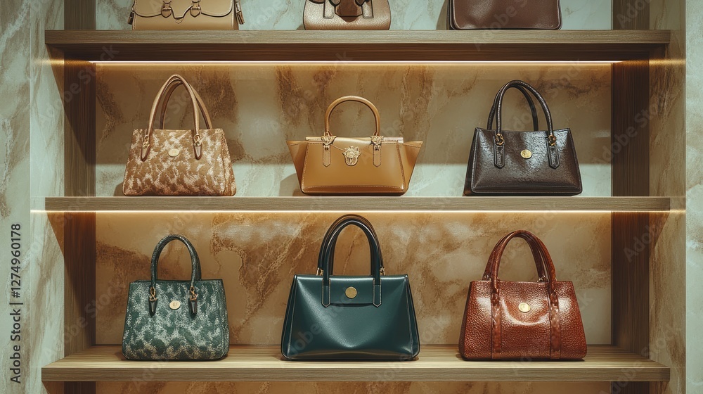 A luxury handbag collection arranged stylishly on a premium retail display shelf A luxury handbag collection arranged stylishly on a premium retail display shelf