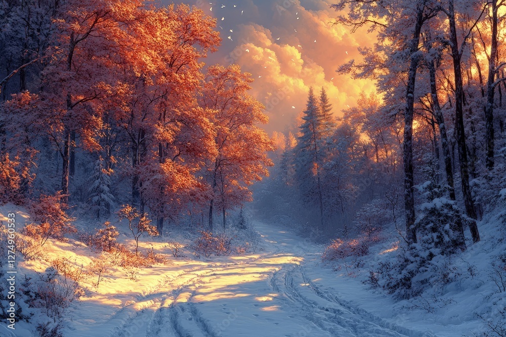Serene winter landscape with snow-covered path, vibrant autumn trees, and glowing sunset sky Serene winter landscape with snow-covered path, vibrant autumn trees, and glowing sunset sky