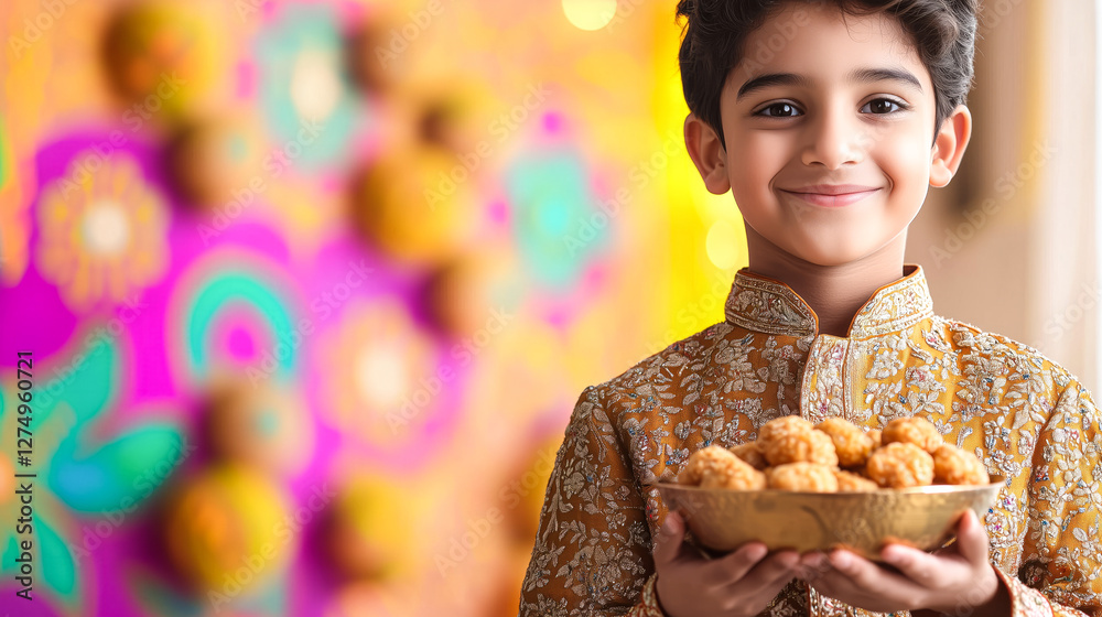 Naklejka premium Close-up of Boy in Indian Kurta Holding Bowl of Mithai and Rangoli Design.