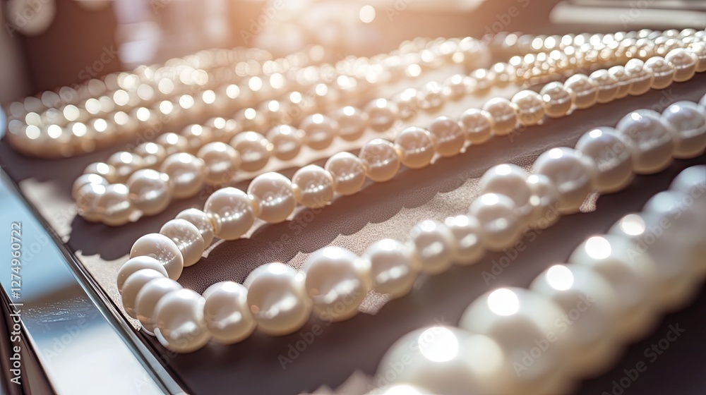A row of classic pearl necklaces displayed elegantly on a glass counter A row of classic pearl necklaces displayed elegantly on a glass counter