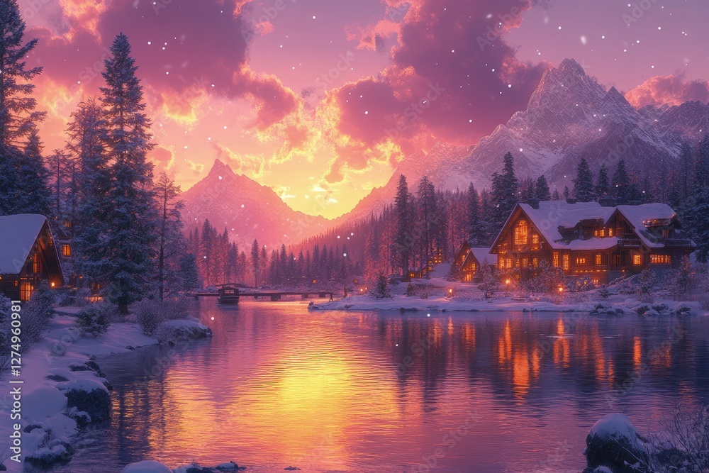 Fototapeta premium Serene winter sunset over a tranquil lake surrounded by snow-covered mountains and cozy cabins