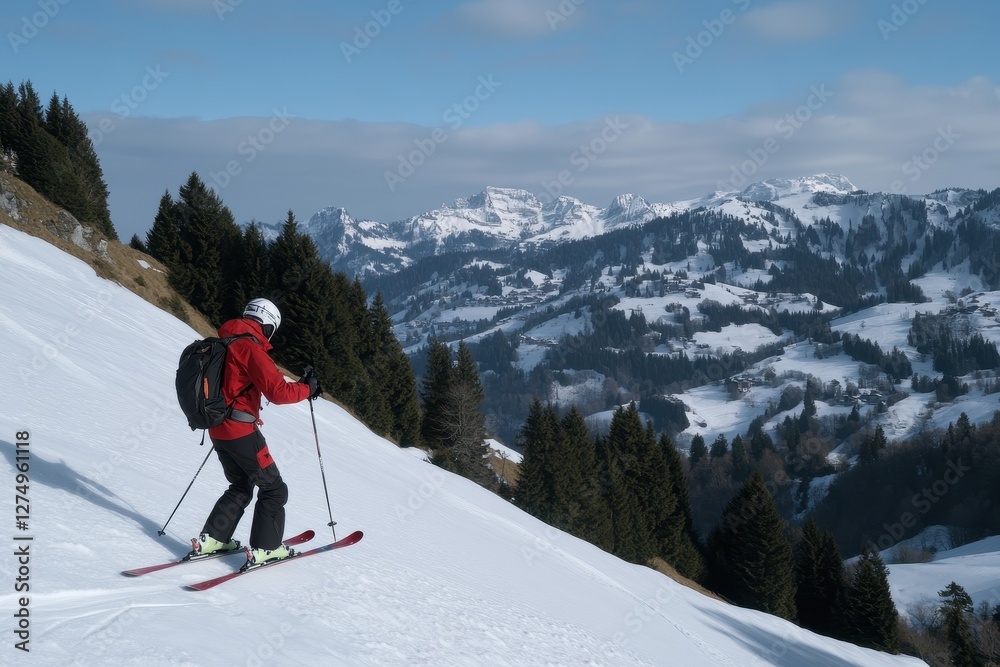 Skier Enjoying Scenic Mountain View on Snowy Slope During Winter Adventure Day Skier Enjoying Scenic Mountain View on Snowy Slope During Winter Adventure Day