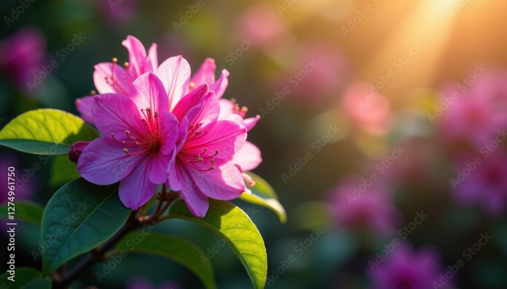 Obraz premium Purple rhododendron with warm sunlight and shadows, blossoms, flowers, spring
