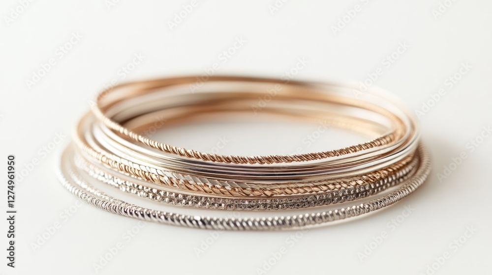 A stack of thin bangle bracelets in gold and silver tones on a white background
