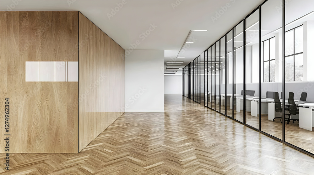 Obraz premium Modern office interior design; long hallway with herringbone wood flooring, glass partitions, and minimalist wood wall.