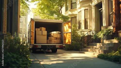 Moving Truck Unloading Boxes Near Townhouse on Sunny Day