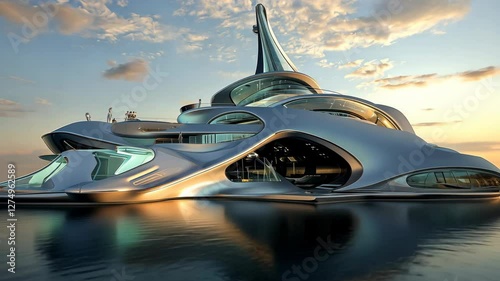 Futuristic yacht at sunset on calm sea with cloudy sky