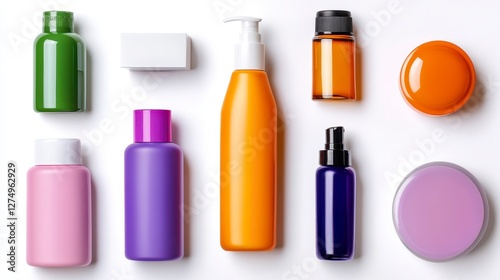 Overhead View of Colorful Cosmetic Bottles and Containers on White Background