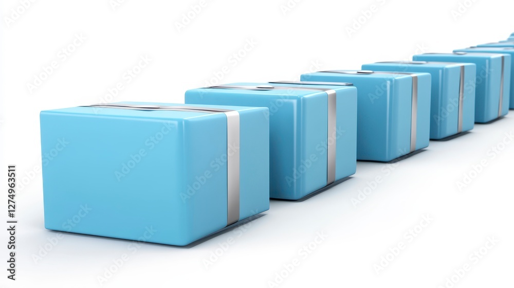 Row of Light Blue Gift Boxes with White Ribbons on a White Background in a Studio Setting Row of Light Blue Gift Boxes with White Ribbons on a White Background in a Studio Setting