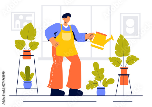 Home Gardening Vector Illustration featuring People Planting Gardens, Flowers, and Plants at Home and Outdoors in a Nature Concept Background