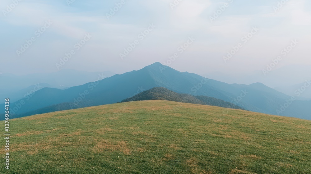 Fototapeta premium Serene mountain landscape with rolling green hills and distant peaks under a blue sky.